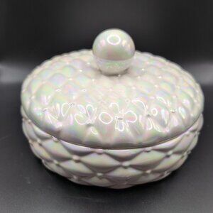 Vintage Arnels Ivory Iridescent Ceramic Quilted Lidded Trinket Box 6.5" Diam EUC